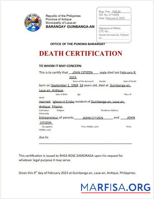 Realistic Philippines municipality of Laua an Office of the Punong Barangay death certificate download for verification